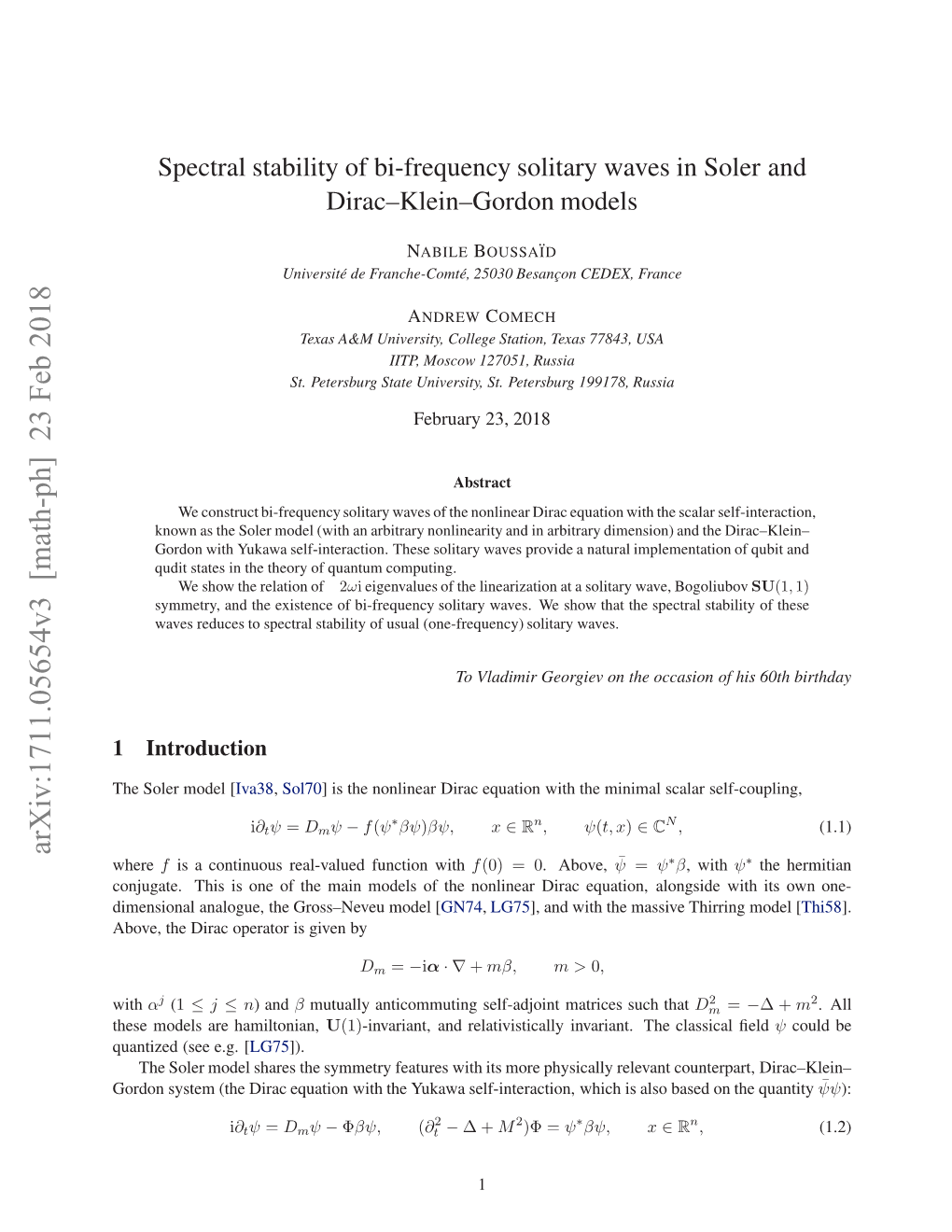 Spectral Stability of Bi-Frequency Solitary Waves in Soler and Dirac