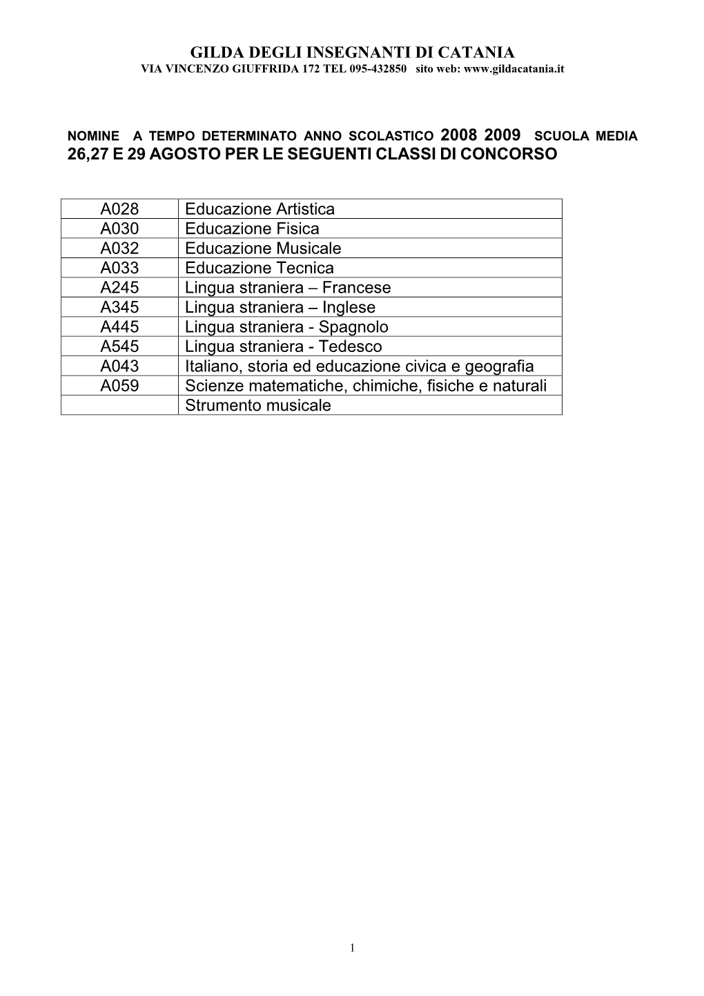 Nomine a Tempo Determinato Scuola Media