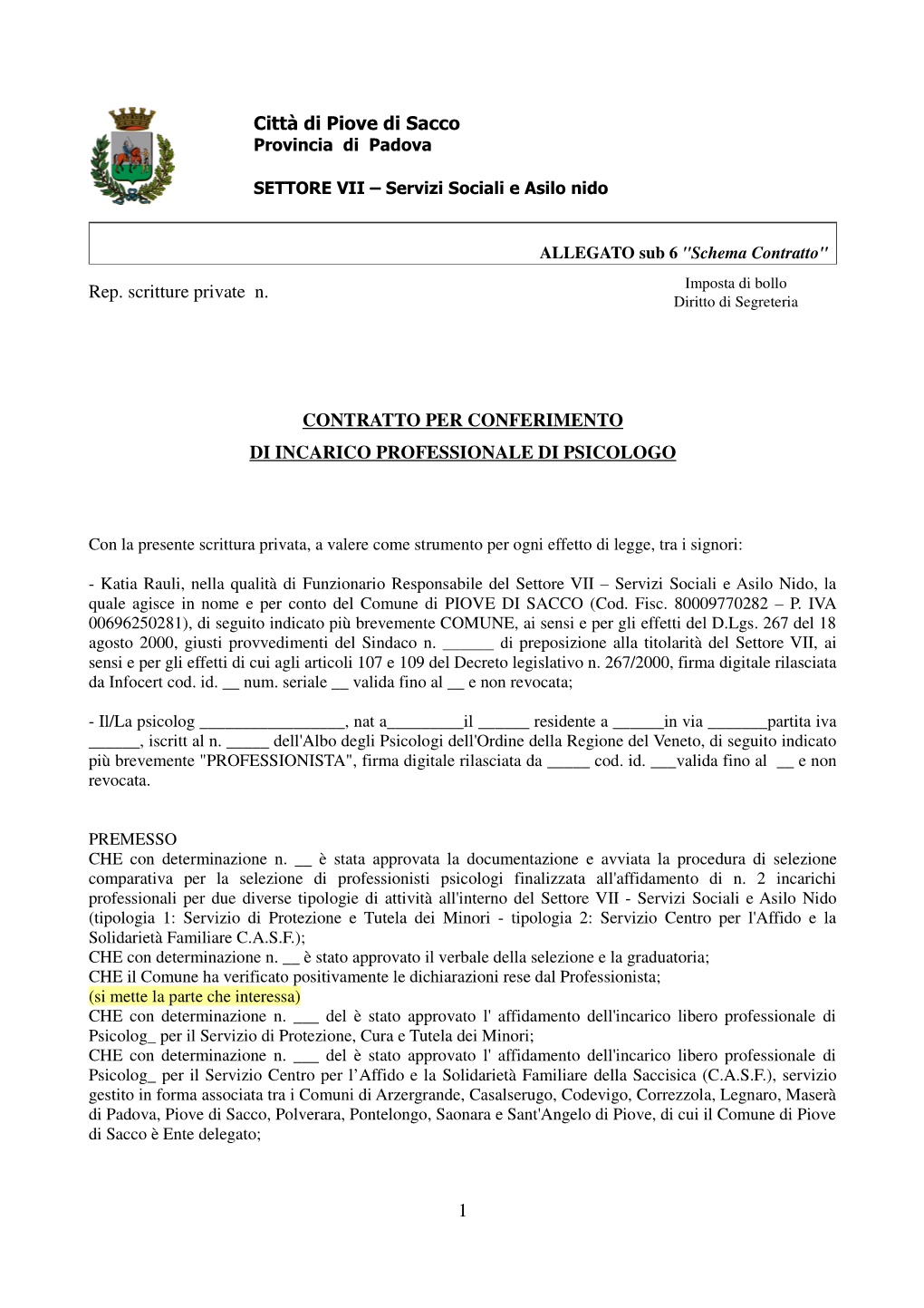 Rep. Scritture Private N. CONTRATTO PER