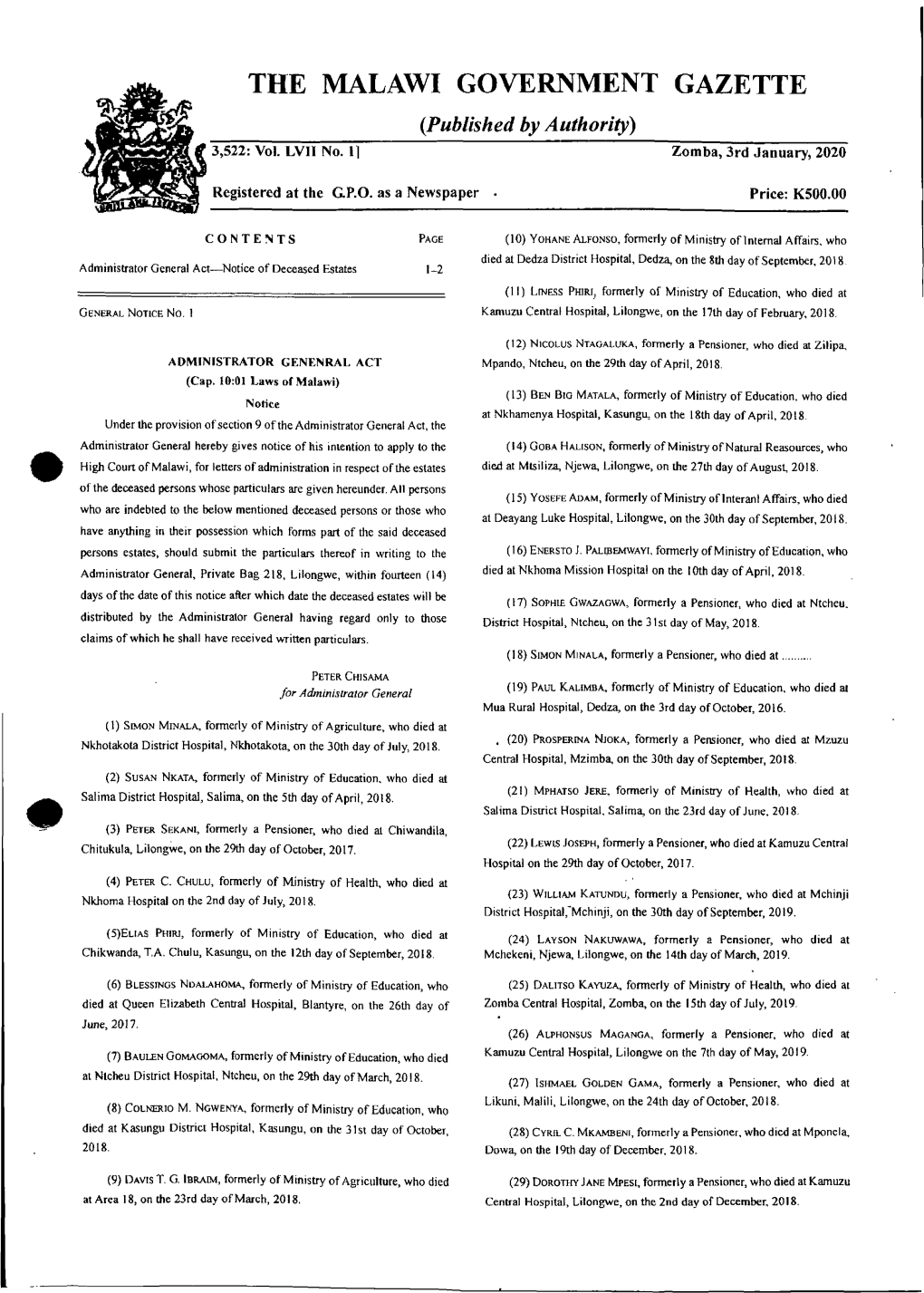 THE MALAWI GOVERNMENT GAZETTE {Published by Authority) 3,522: Vol