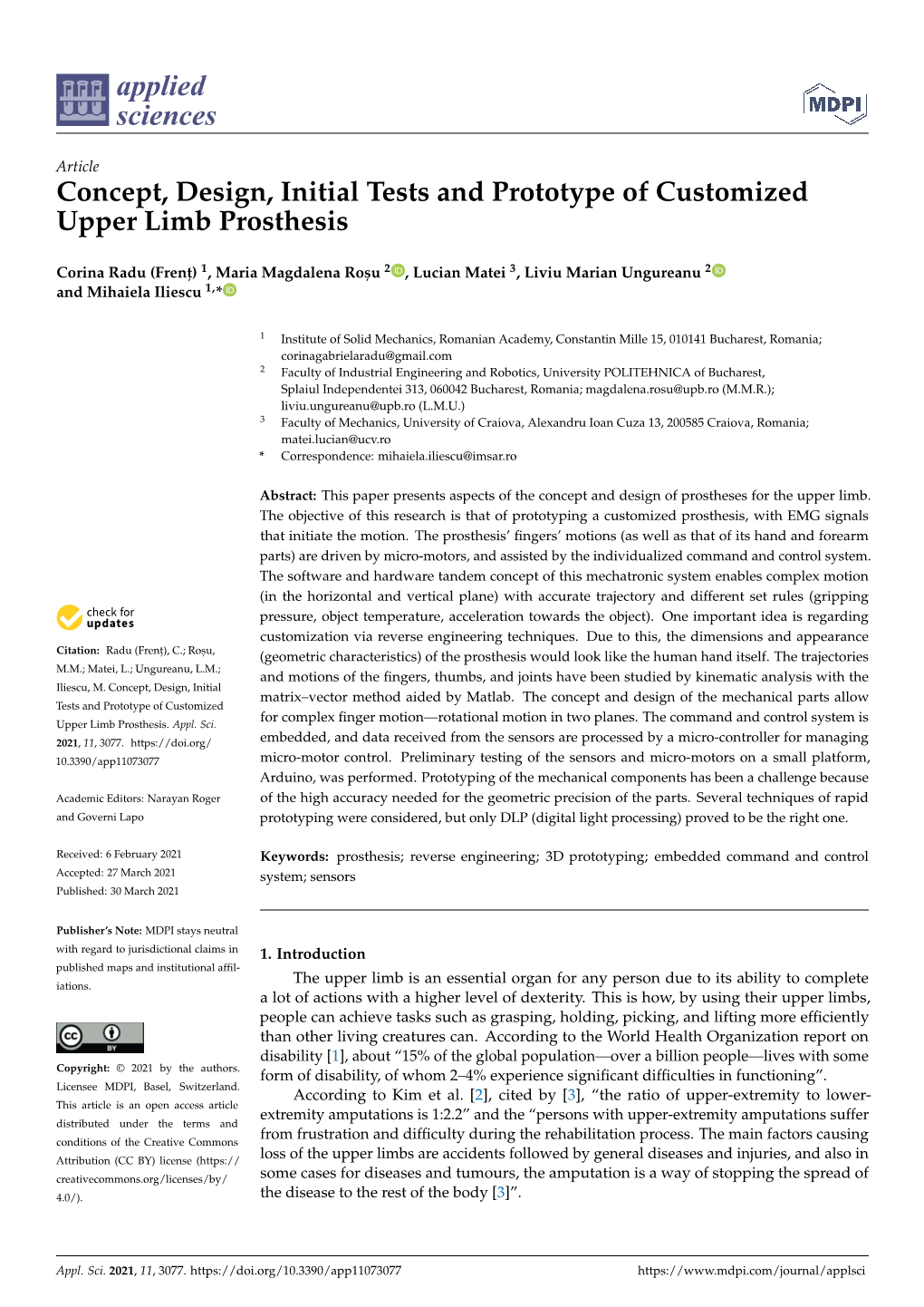 Concept, Design, Initial Tests and Prototype of Customized Upper Limb Prosthesis