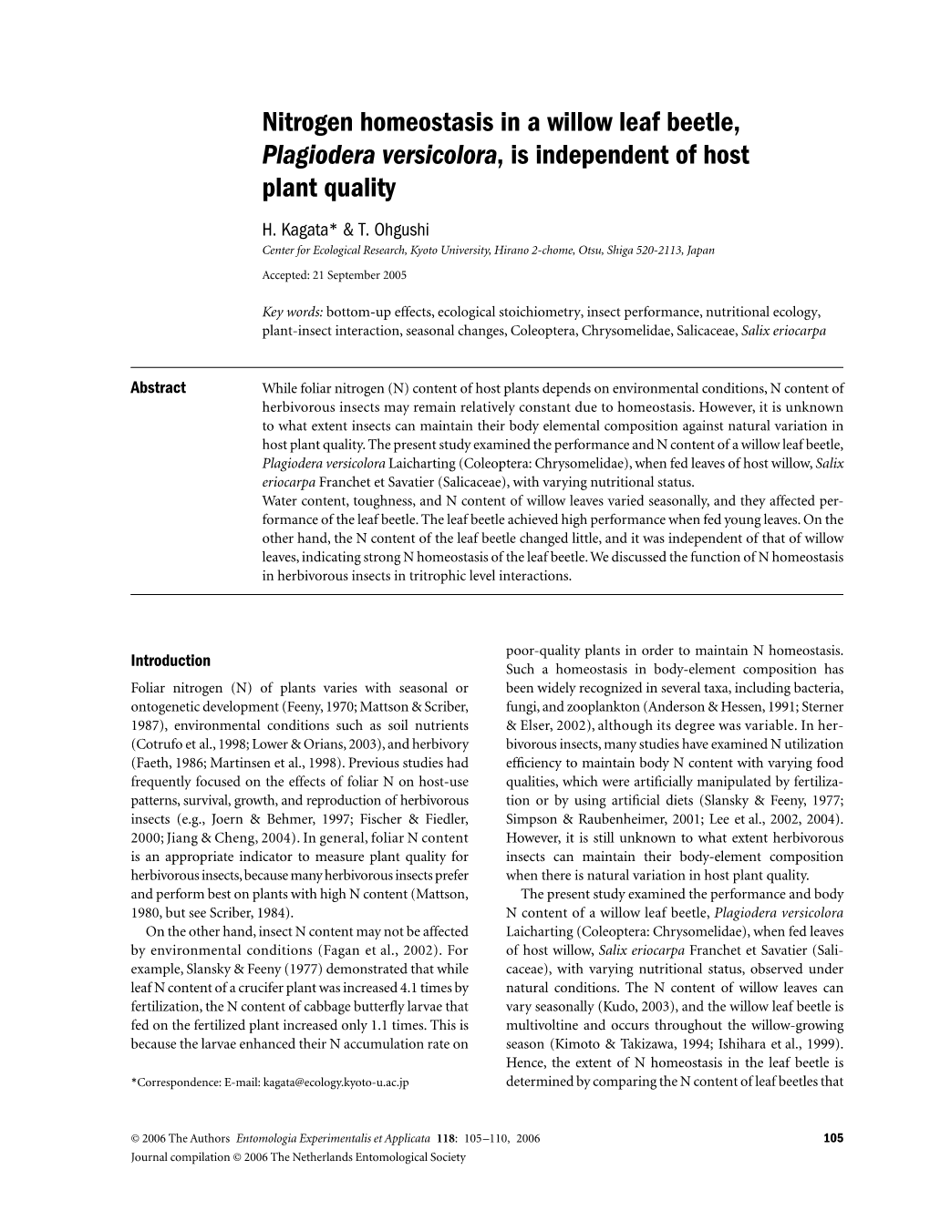 Nitrogen Homeostasis in a Willow Leaf Beetle, Plagiodera Versicolora, Is Independent of Host Plant Quality