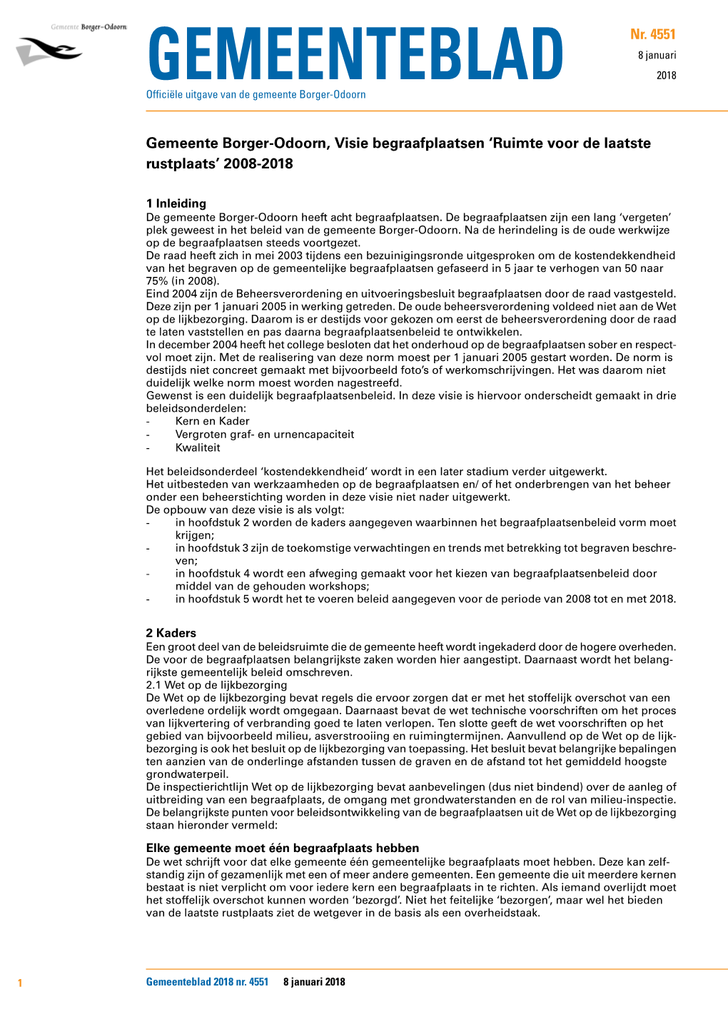 Gemeente Borger-Odoorn, Visie Begraafplaatsen ‘Ruimte Voor De Laatste Rustplaats’ 2008-2018