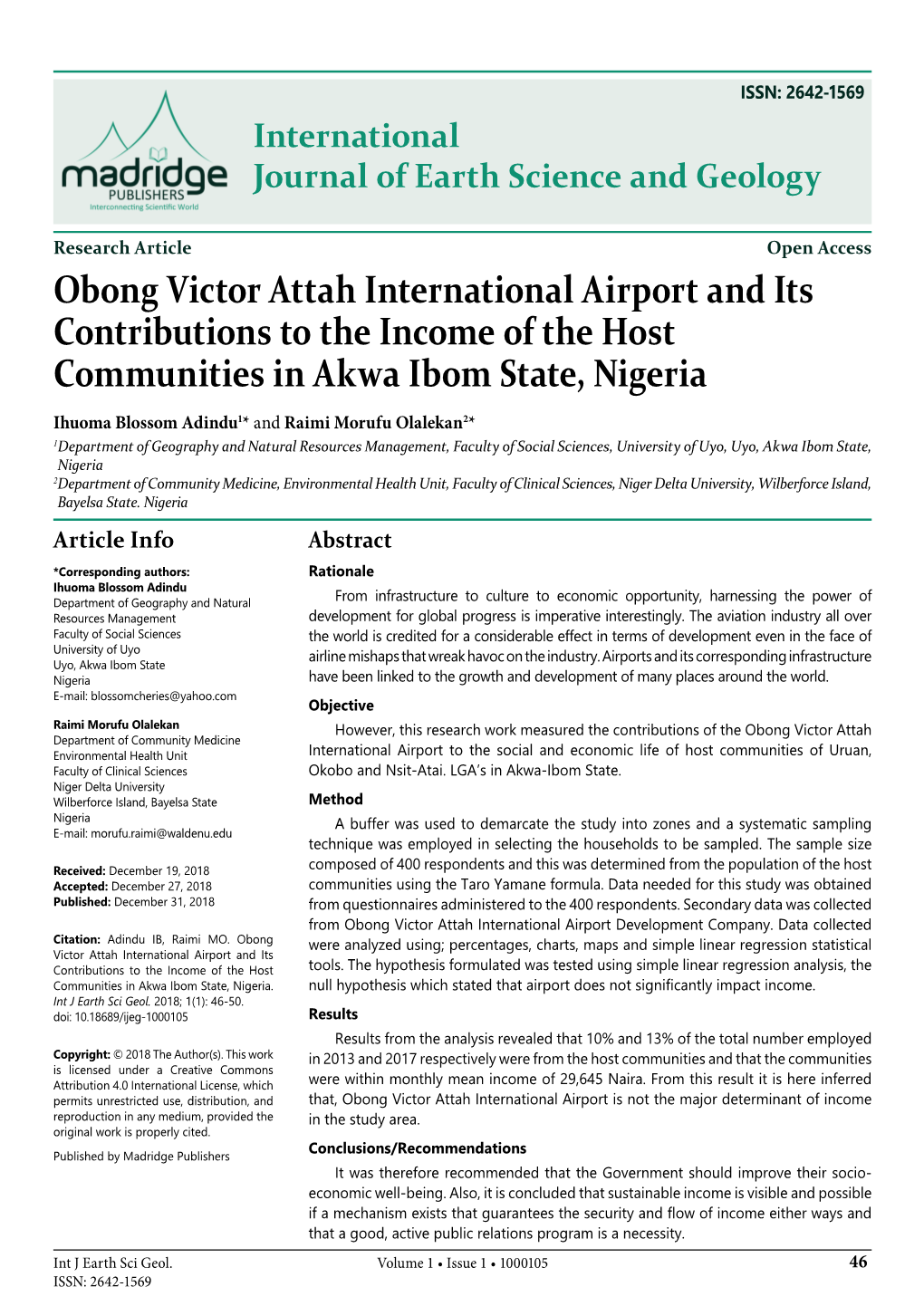 Obong Victor Attah International Airport and Its Contributions to the Income of the Host Communities in Akwa Ibom State, Nigeria