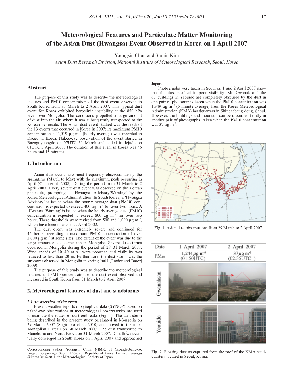 Meteorological Features and Particulate Matter Monitoring of the Asian Dust (Hwangsa) Event Observed in Korea on 1 April 2007