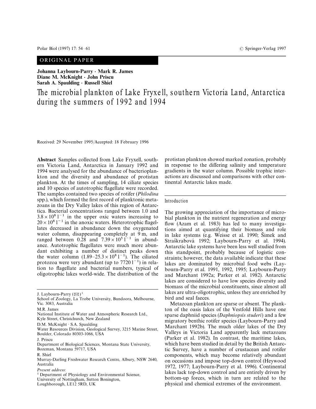 The Microbial Plankton of Lake Fryxell, Southern Victoria Land, Antarctica During the Summers of 1992 and 1994