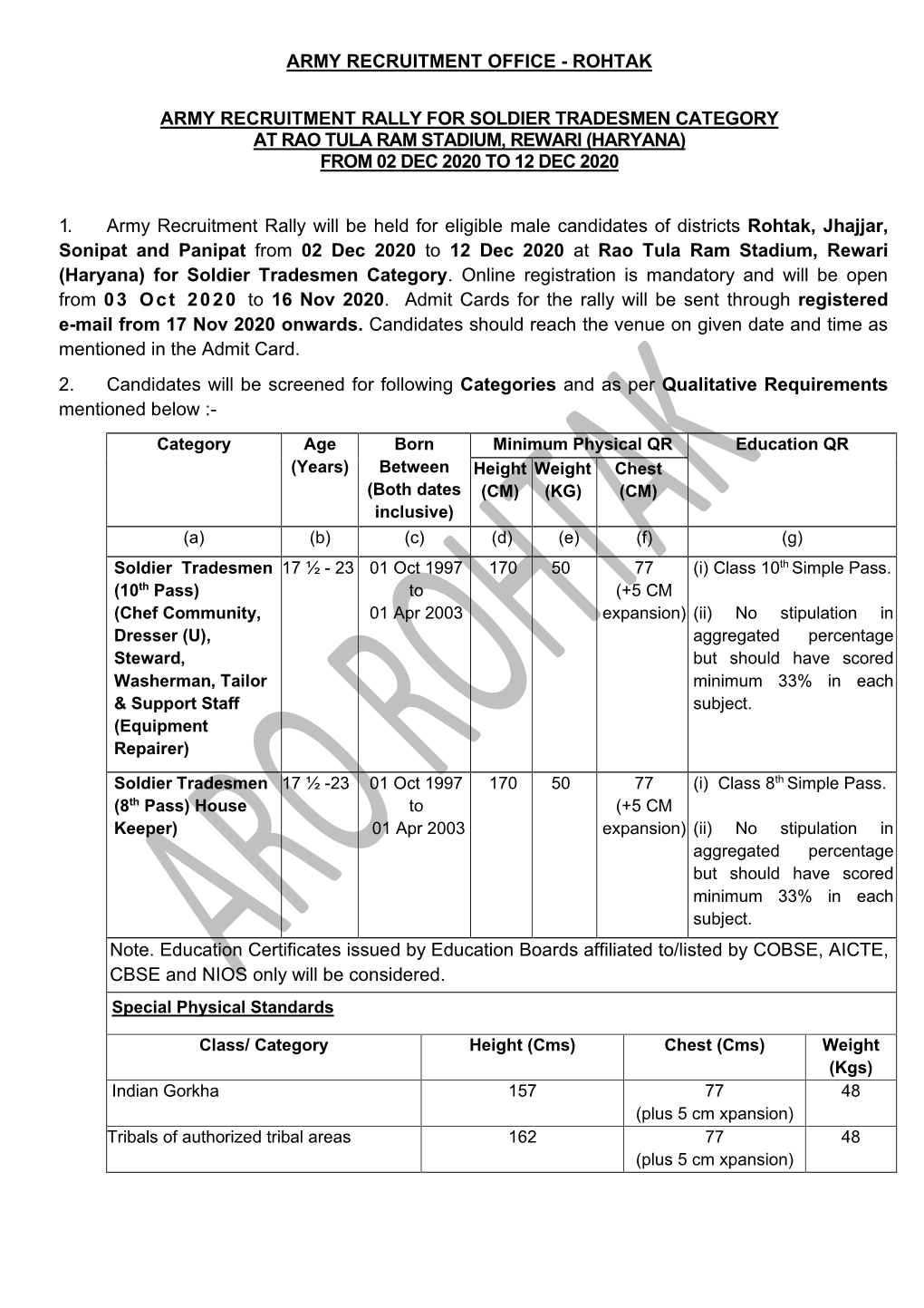 Recruitment Rally for Soldier Tradesmen Category at Rao Tula Ram Stadium, Rewari (Haryana) from 02 Dec 2020 to 12 Dec 2020