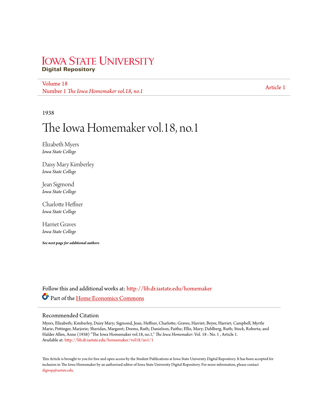 The Iowa Homemaker Vol.18, No.1