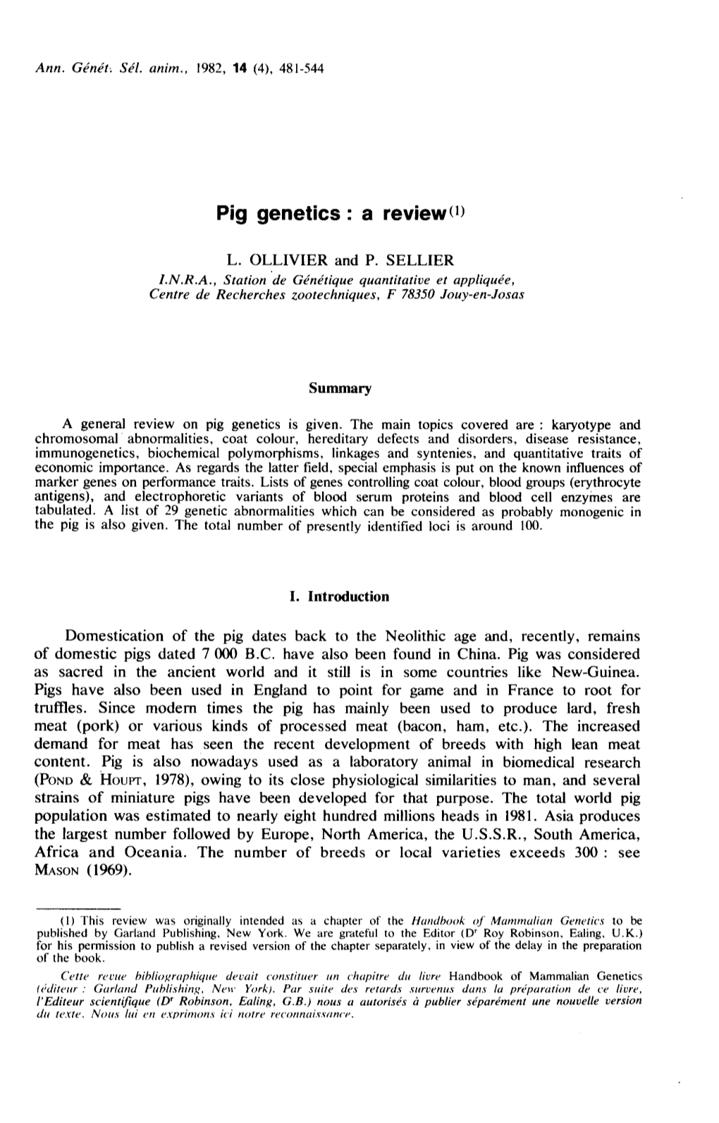 Pig Genetics : a Review(1)