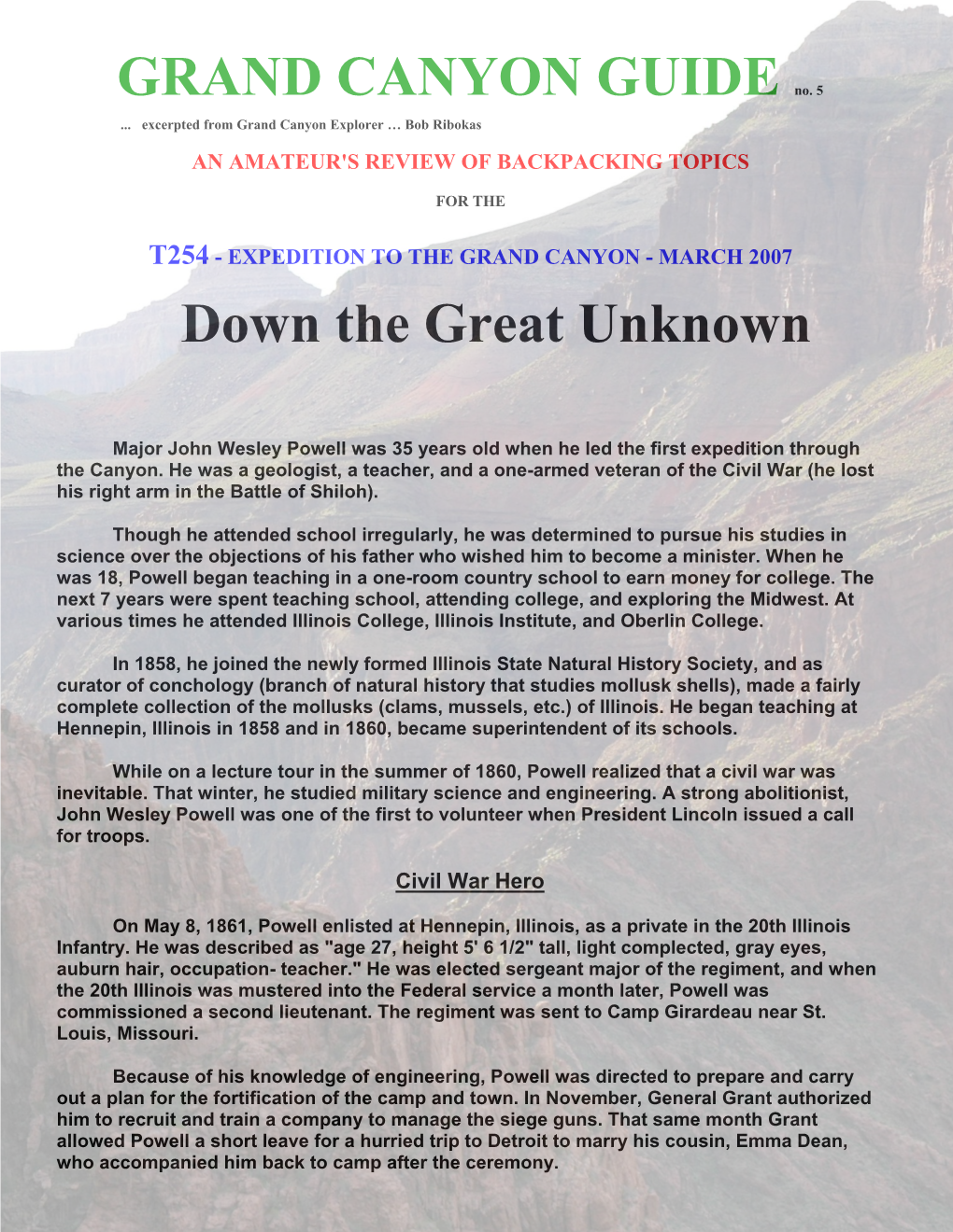 GRAND CANYON GUIDE No. 5 Down the Great Unknown