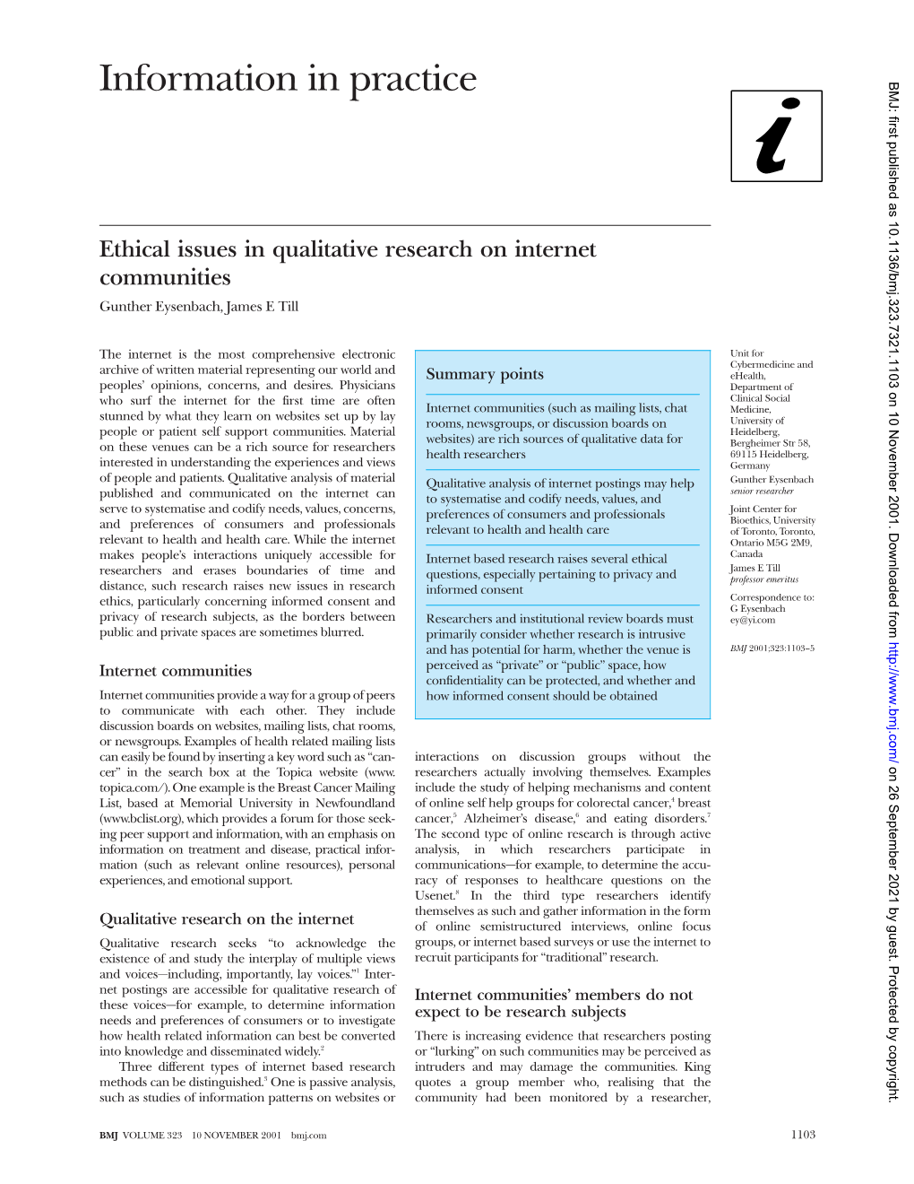 Information in Practice BMJ: First Published As 10.1136/Bmj.323.7321.1103 on 10 November 2001