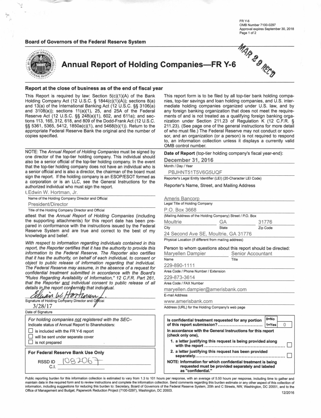 Annual Report of Holding Companies