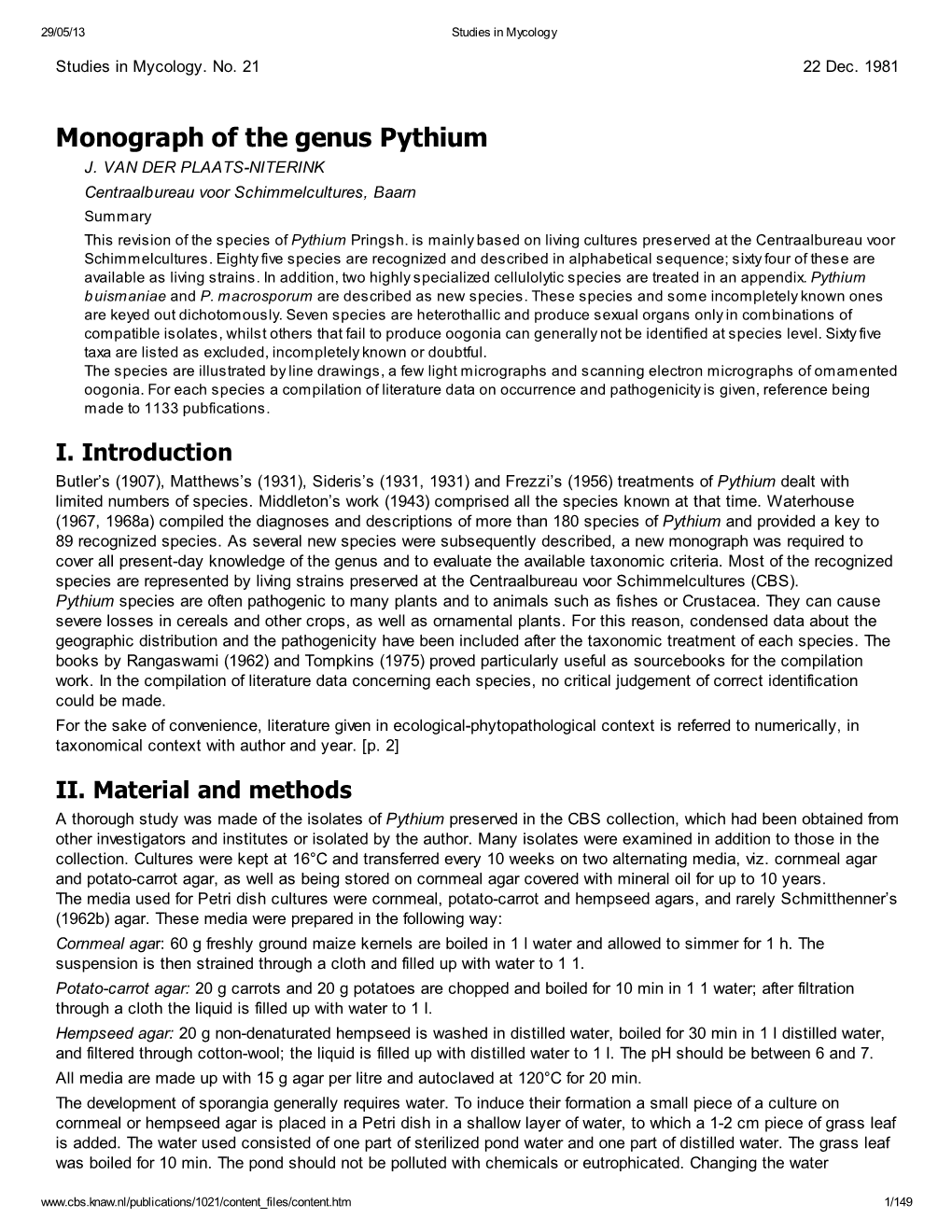 Monograph of the Genus Pythium J