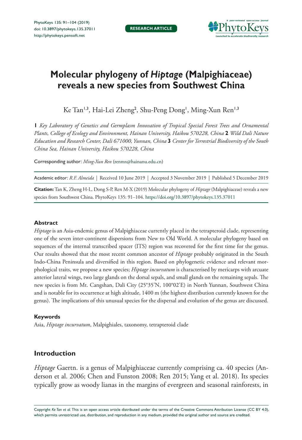 Molecular Phylogeny of Hiptage (Malpighiaceae) Reveals a New Species from Southwest China