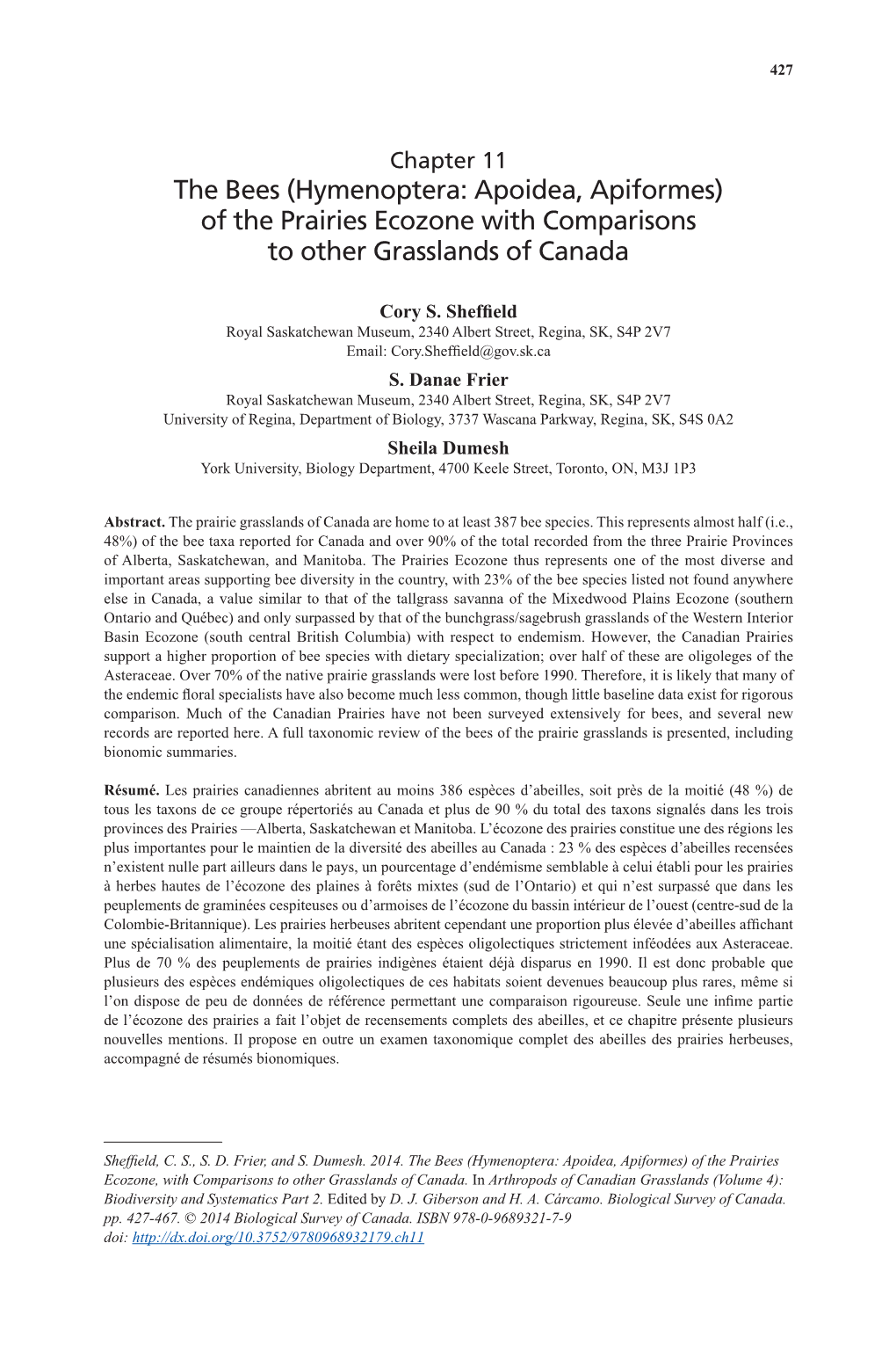 Hymenoptera: Apoidea, Apiformes) of the Prairies Ecozone with Comparisons to Other Grasslands of Canada