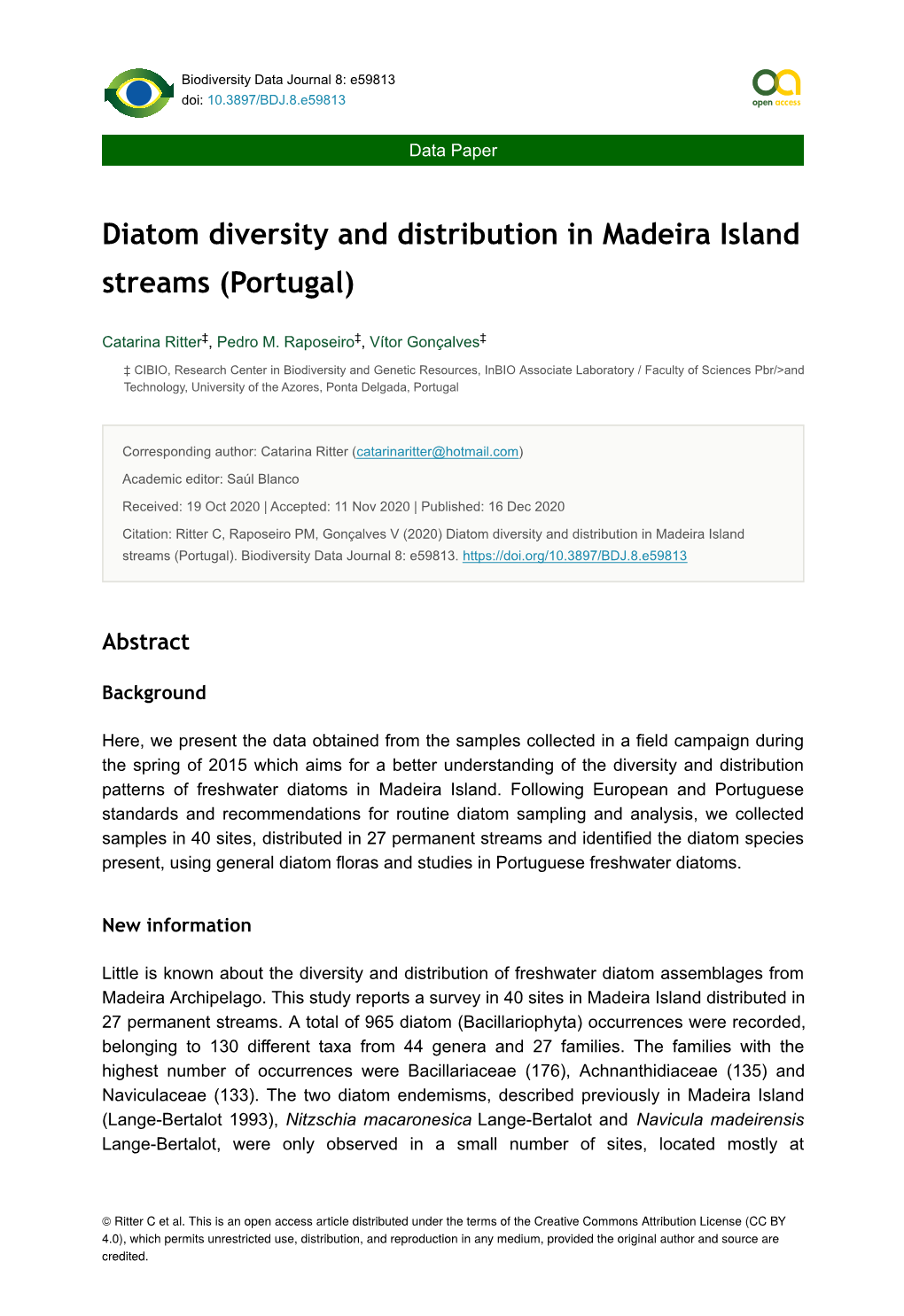 Diatom Diversity and Distribution in Madeira Island Streams (Portugal)