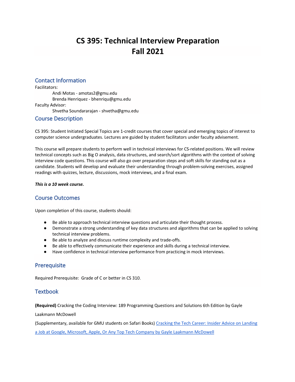 CS 395: Technical Interview Preparation Fall 2021