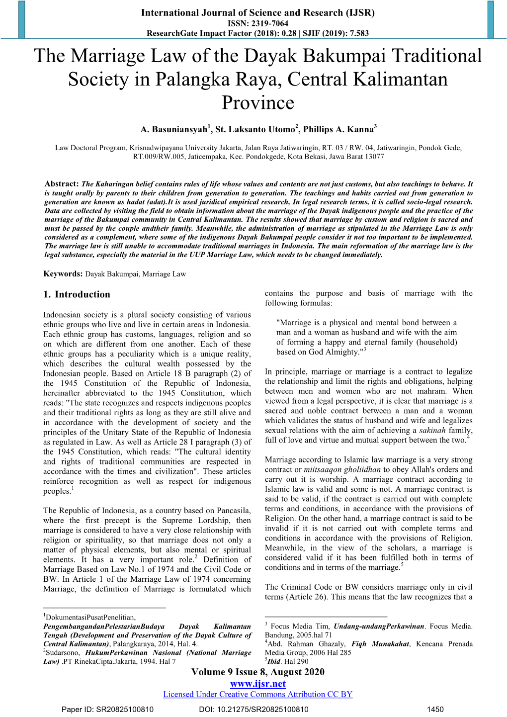 The Marriage Law of the Dayak Bakumpai Traditional Society in Palangka Raya, Central Kalimantan Province