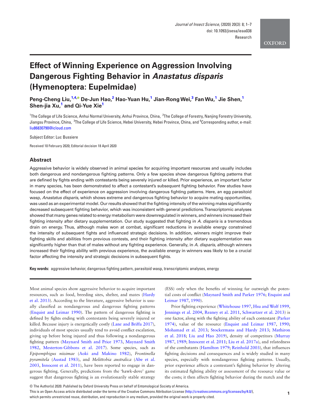 Effect of Winning Experience on Aggression Involving Dangerous Fighting Behavior in Anastatus Disparis (Hymenoptera: Eupelmidae)