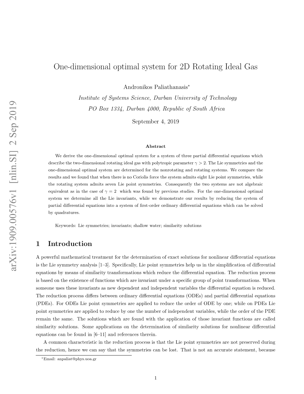 One-Dimensional Optimal System for 2D Rotating Ideal