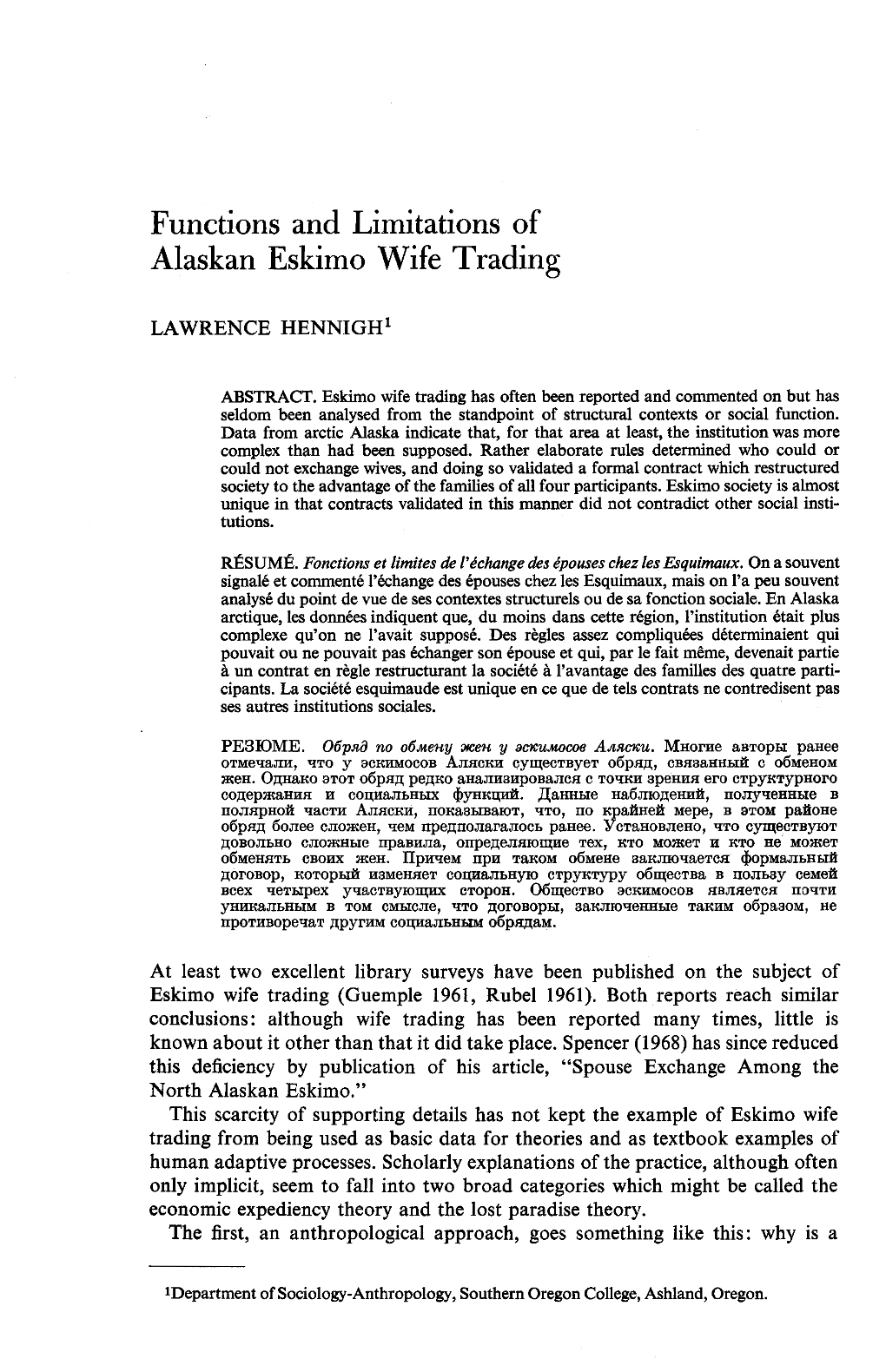 Functions and Limitations of Alaskan Eskimo Wife Trading