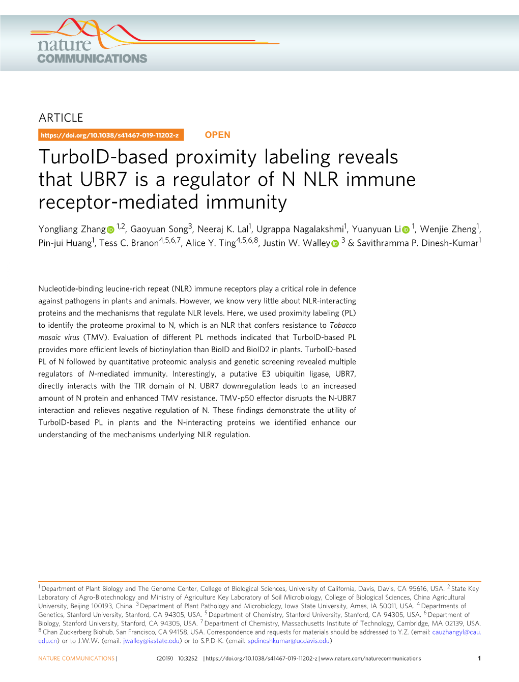 Turboid-Based Proximity Labeling Reveals That UBR7 Is a Regulator of N NLR Immune Receptor-Mediated Immunity