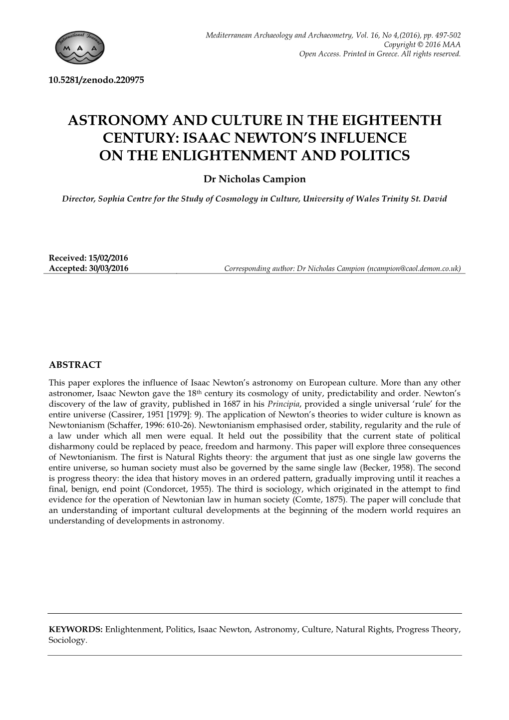 'Astronomy and Culture in the Eighteenth Century: Isaac Newton's