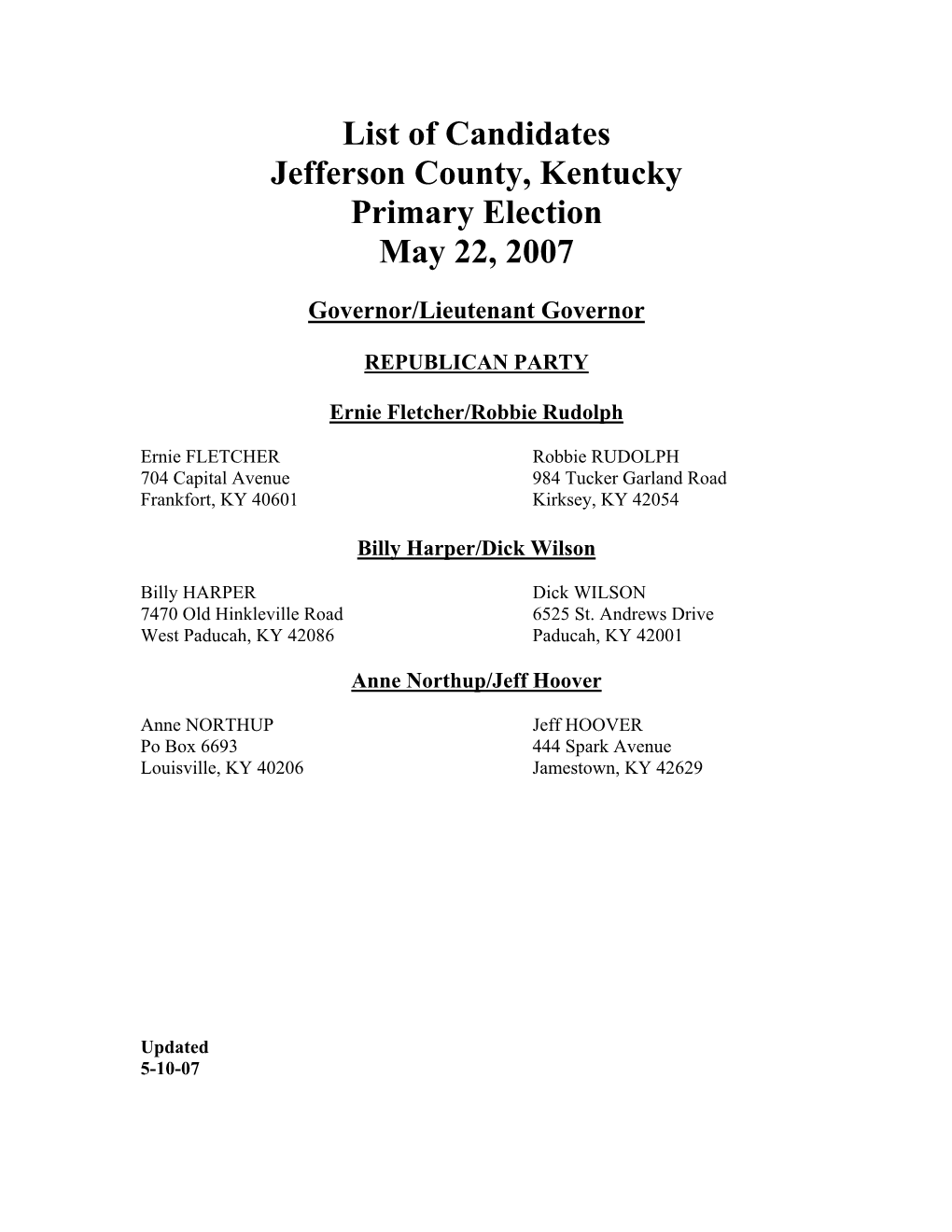 List of Candidates Jefferson County, Kentucky Primary Election May 22, 2007