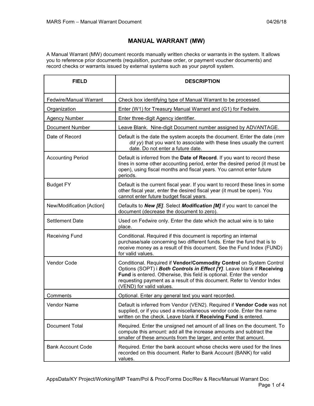 Manual Warrant (Mw)