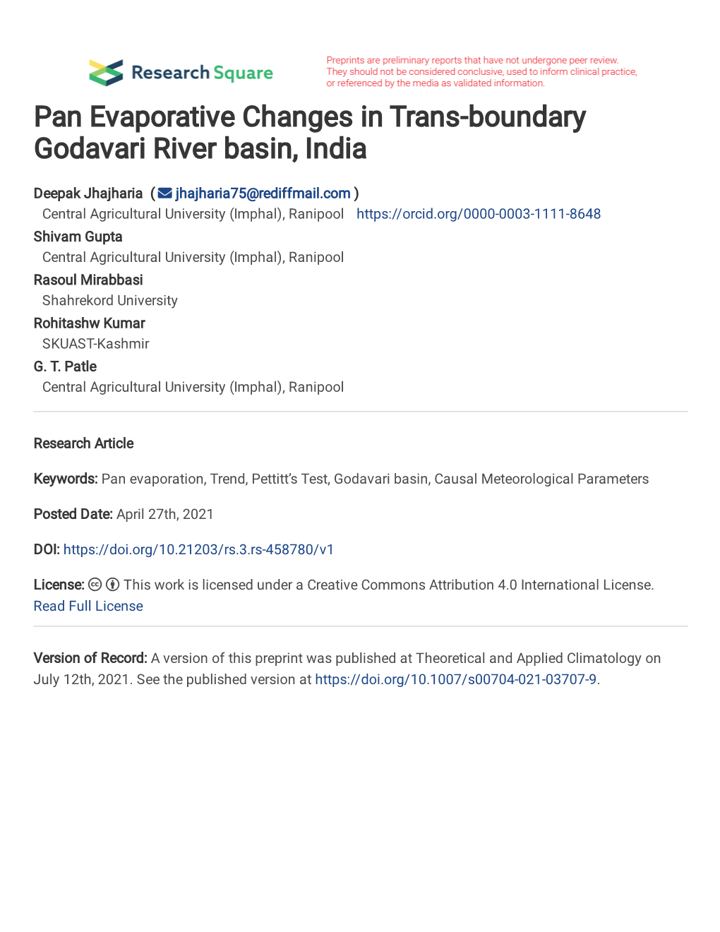 Pan Evaporative Changes in Trans-Boundary Godavari River Basin, India