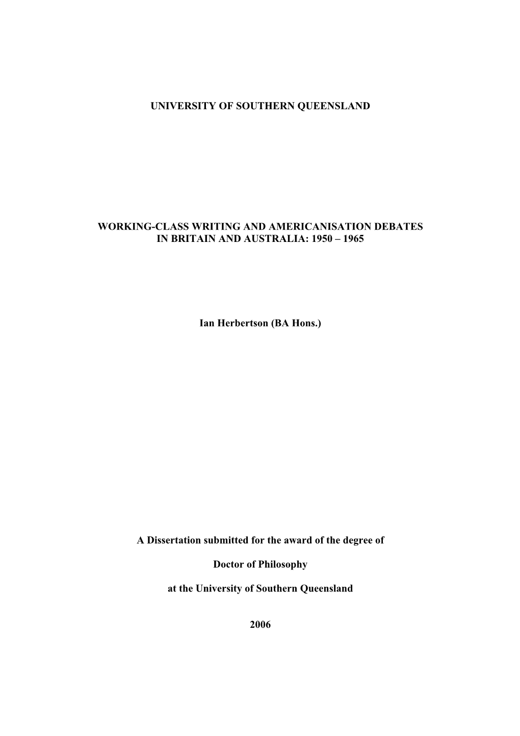 Working-Class Writing and Americanisation Debates in Britain and Australia: 1950 – 1965