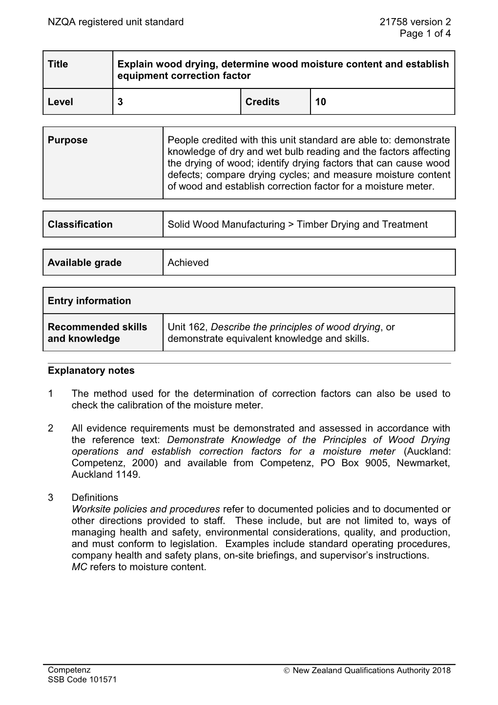 21758 Explain Wood Drying, Determine Wood Moisture Content and Establish Equipment Correction