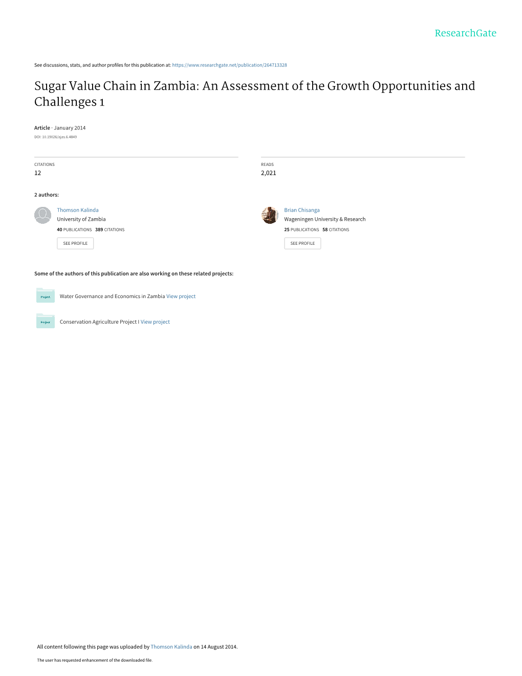 Sugar Value Chain in Zambia: an Assessment of the Growth Opportunities and Challenges 1