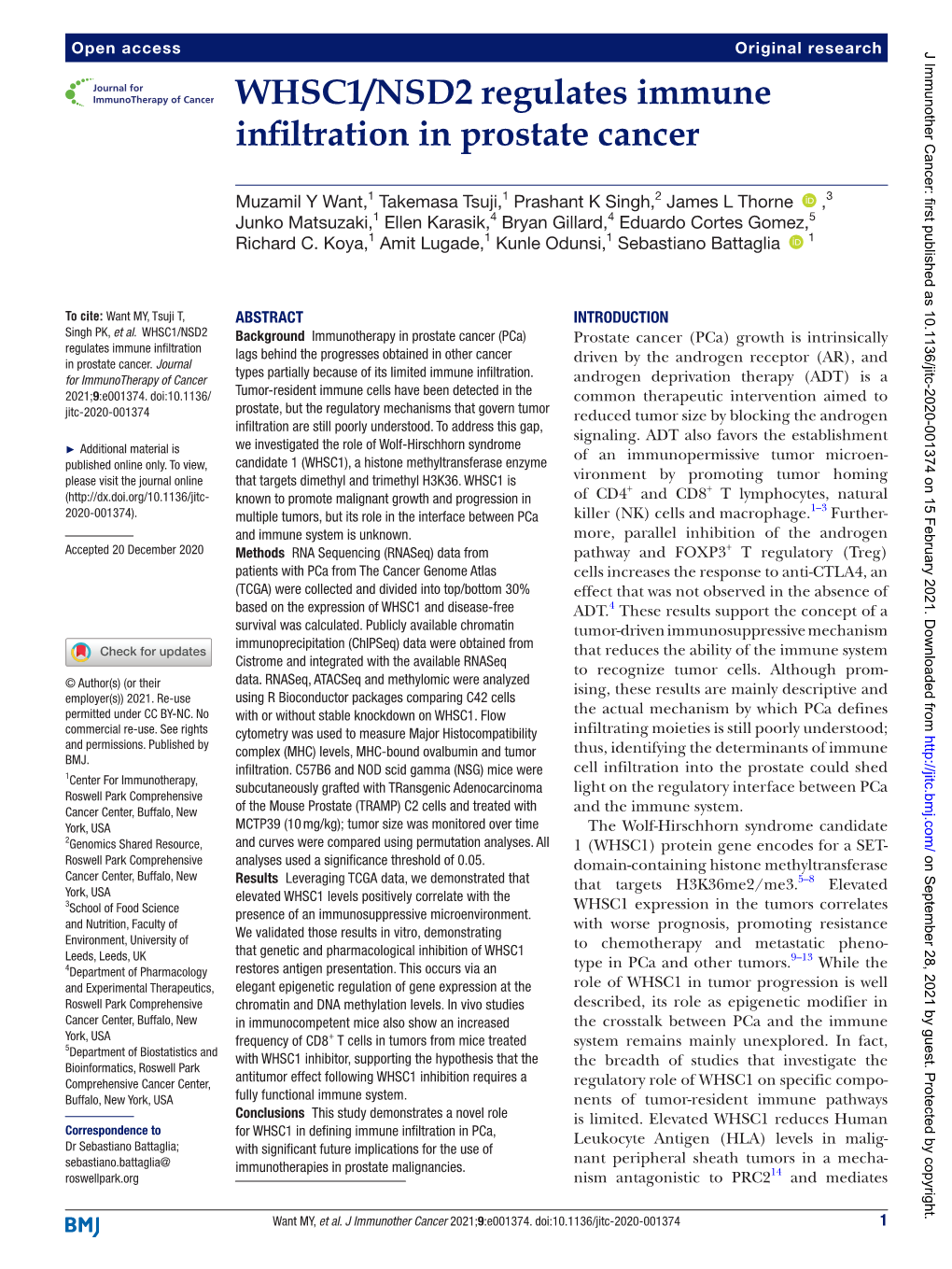 WHSC1/NSD2 Regulates Immune Infiltration in Prostate Cancer