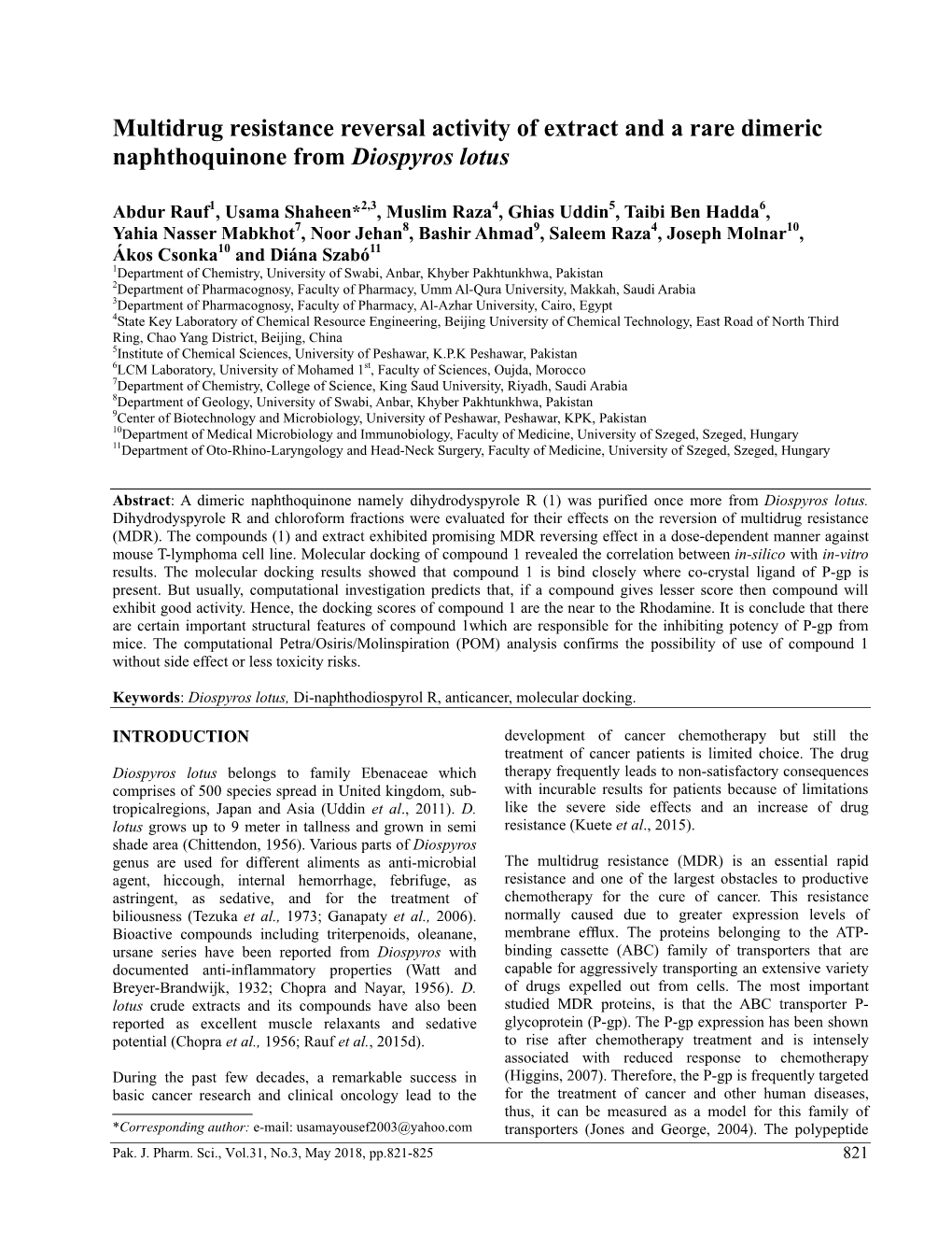 Multidrug Resistance Reversal Activity of Extract and a Rare Dimeric Naphthoquinone from Diospyros Lotus