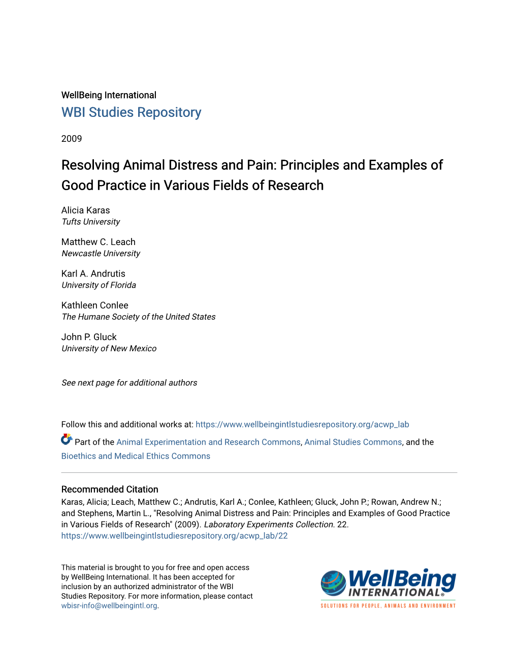 Resolving Animal Distress and Pain: Principles and Examples of Good Practice in Various Fields of Research