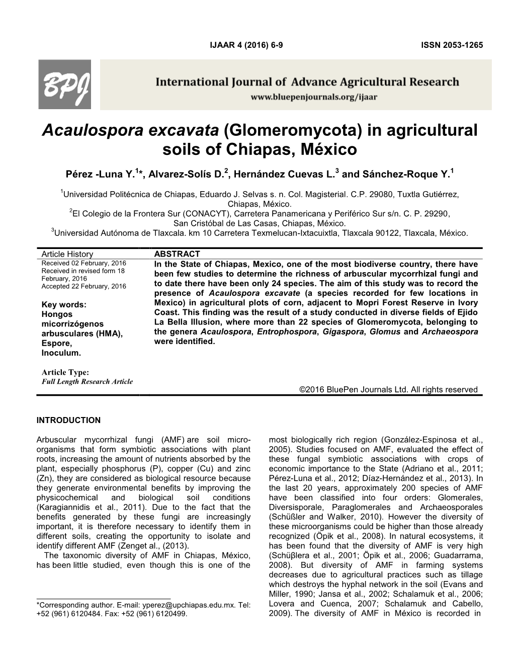 Acaulospora Excavata (Glomeromycota) in Agricultural Soils of Chiapas, México