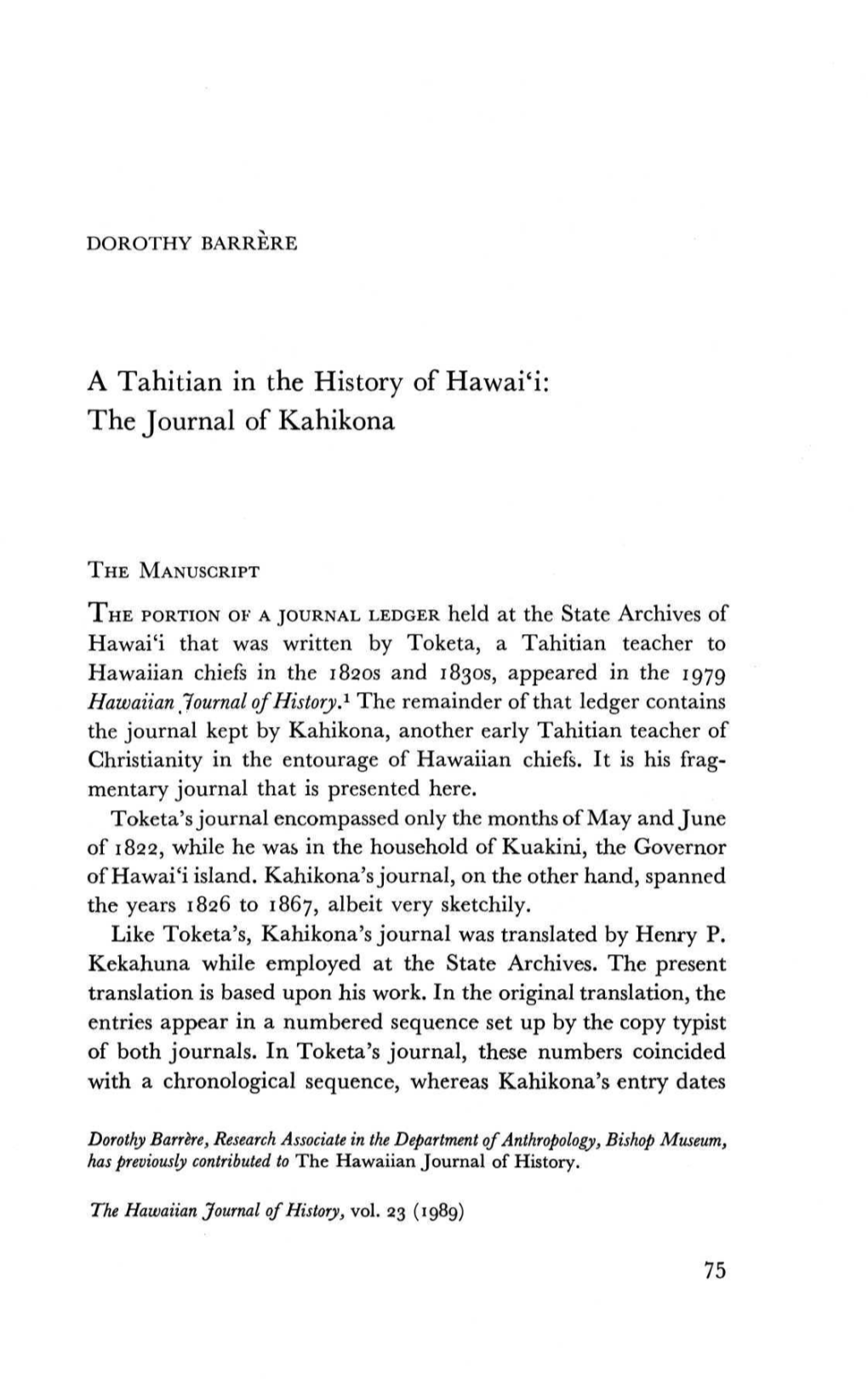 A Tahitian in the History of Hawai'i: the Journal of Kahikona