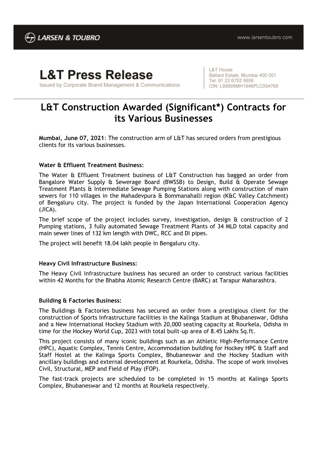 L&T Construction Awarded