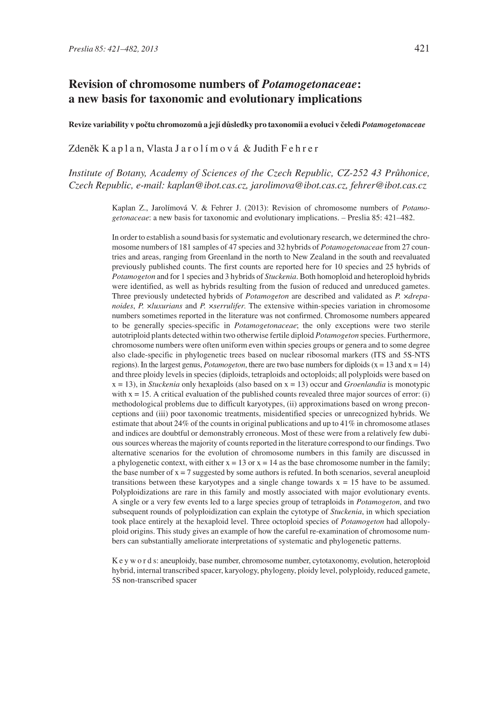 Revision of Chromosome Numbers of Potamogetonaceae: a New Basis for Taxonomic and Evolutionary Implications