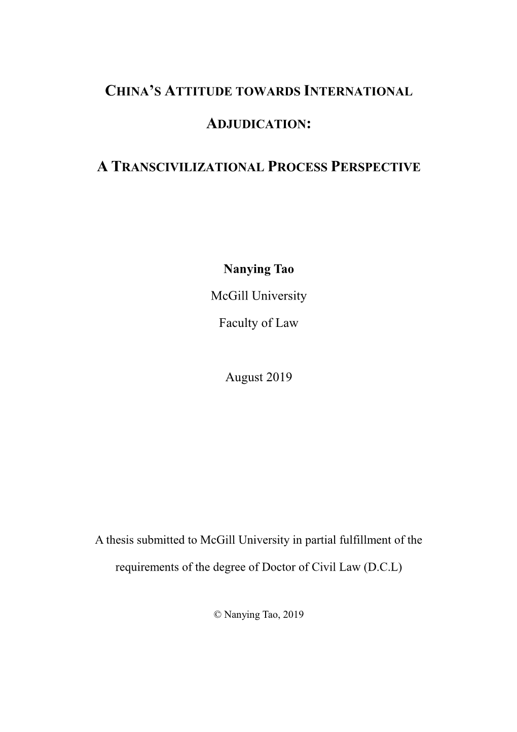 Nanying Tao Mcgill University Faculty of Law August 2019