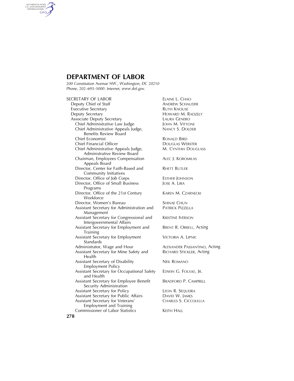 DEPARTMENT of LABOR 200 Constitution Avenue NW., Washington, DC 20210 Phone, 202–693–5000