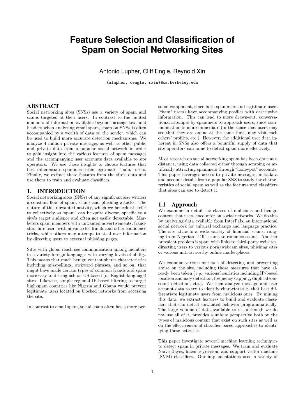 Feature Selection and Classification of Spam on Social Networking Sites