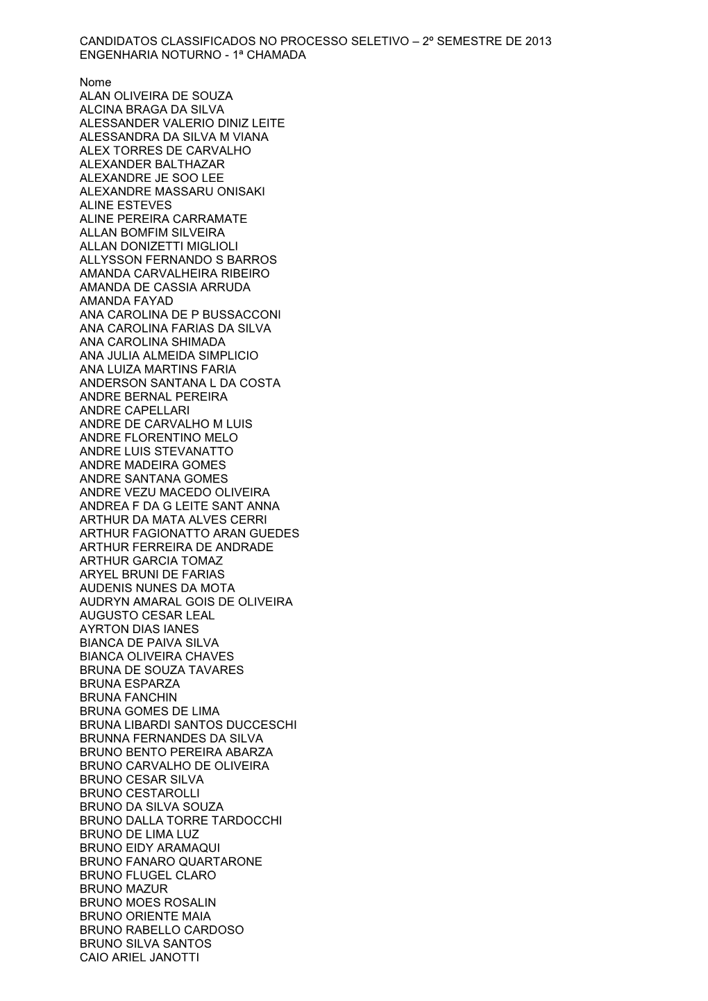 Candidatos Classificados No Processo Seletivo – 2º Semestre De 2013 Engenharia Noturno - 1ª Chamada