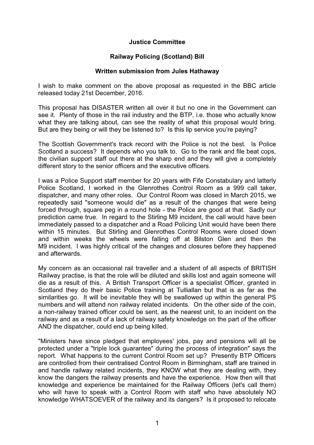 1 Justice Committee Railway Policing (Scotland) Bill Written Submission