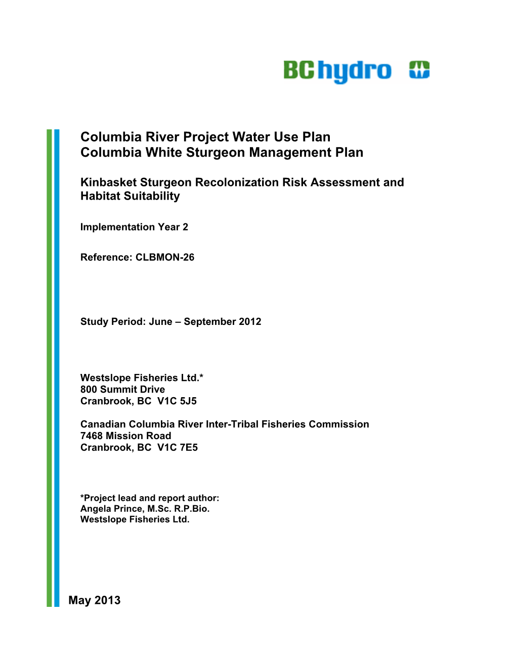 May 2013 Kinbasket Reservoir Sturgeon Recolonization Habitat Assessment 2012 (Year 2)