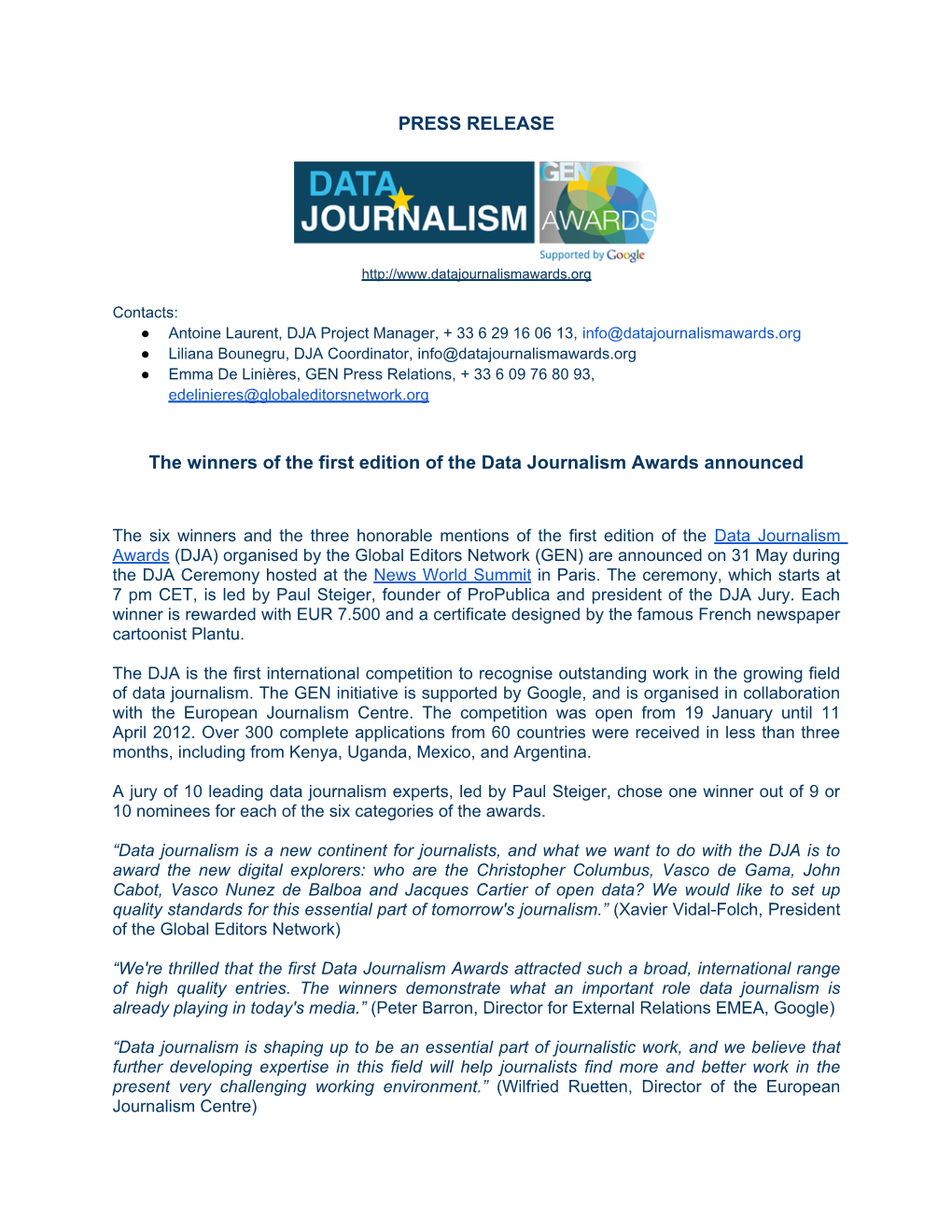 PRESS RELEASE the Winners of the First Edition of the Data