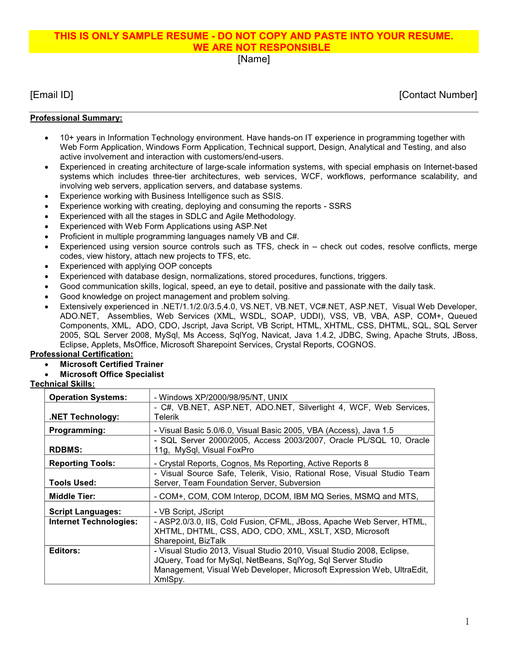 To View Dot Net Sample Resume 1