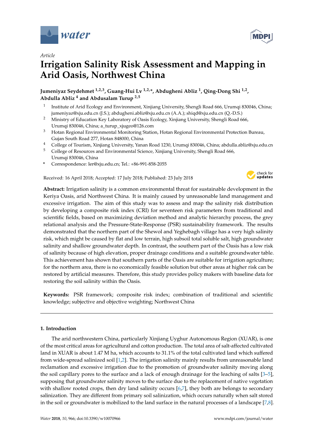 Irrigation Salinity Risk Assessment and Mapping in Arid Oasis, Northwest China