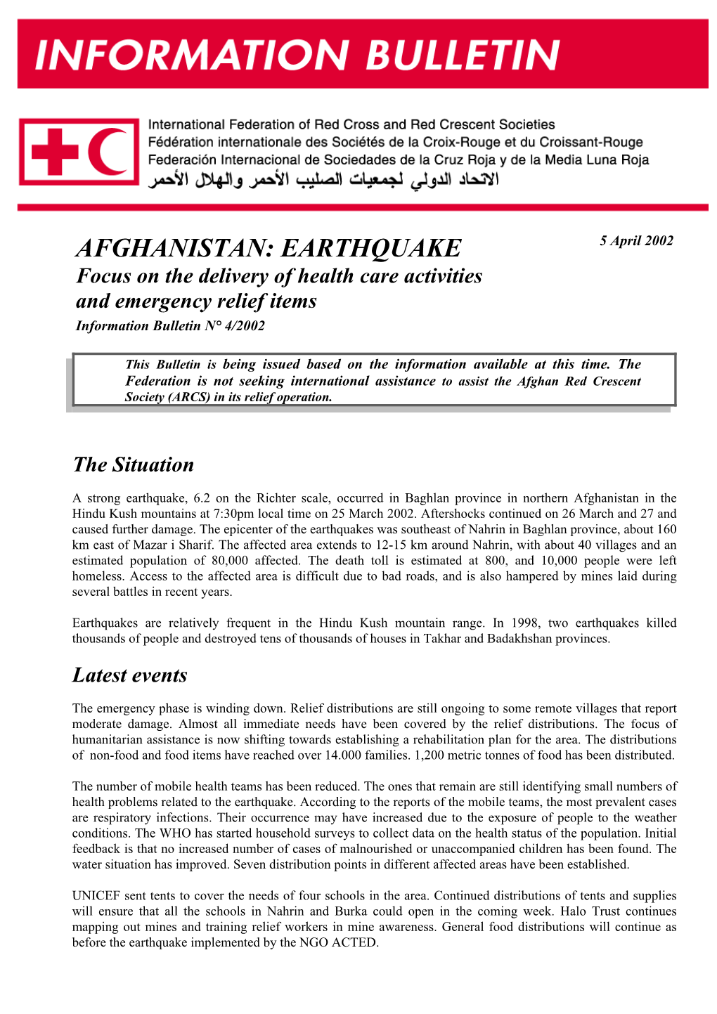 Afghanistan Earthquake Information Bulletin No.4